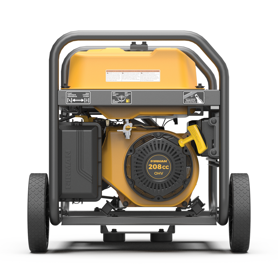 Portable gas generator on wheels with a visible engine and control panel, predominantly black and yellow in color, California Emission Certified.
Product: FIRMAN Power Equipment Gas Portable Generator 4450W Recoil Start 120V with CO alert