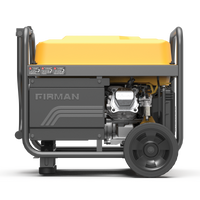 A California Emission Certified FIRMAN Power Equipment Gas Portable Generator 4450W Recoil Start 120V with CO alert on wheels, with a grey and black body and a yellow top, displayed against a striped background.