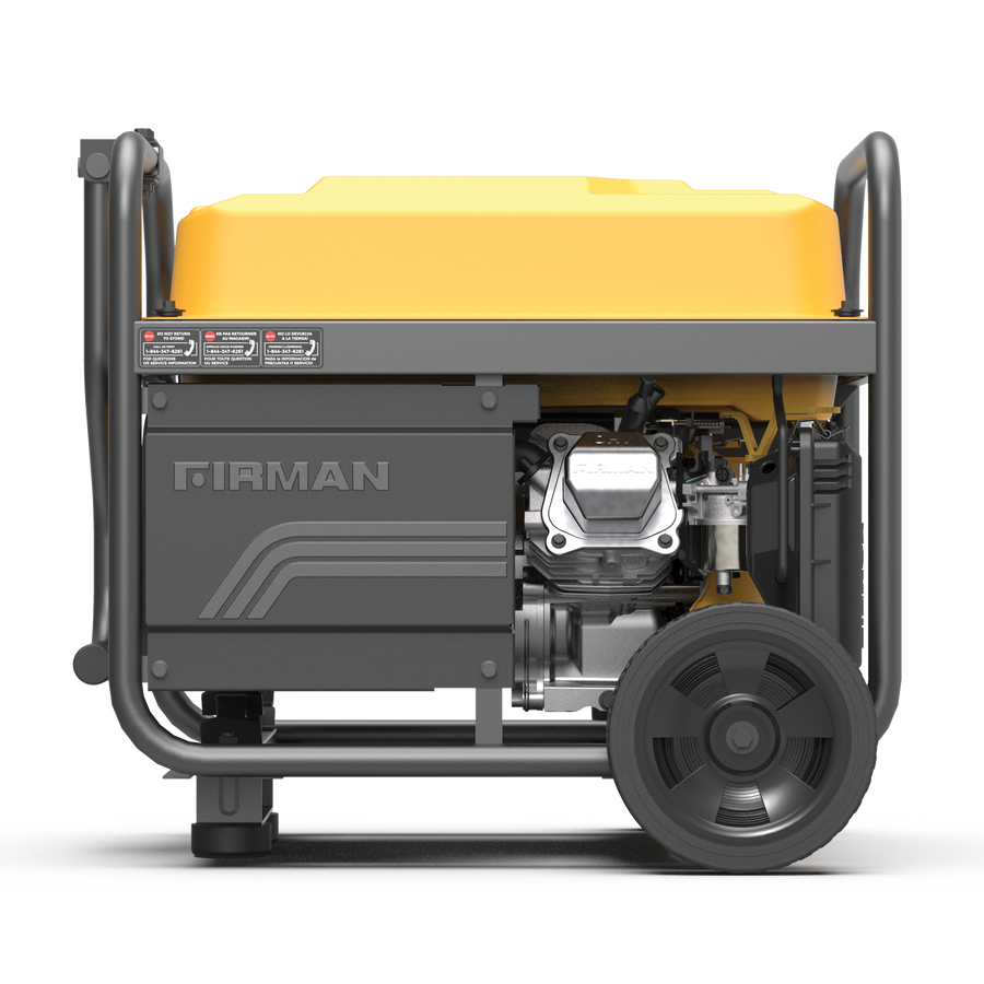 A California Emission Certified FIRMAN Power Equipment Gas Portable Generator 4450W Recoil Start 120V with CO alert on wheels, with a grey and black body and a yellow top, displayed against a striped background.