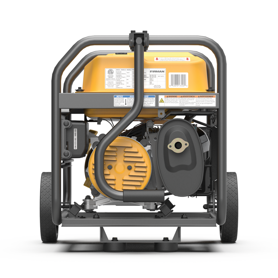 Rear view of a yellow and black FIRMAN Power Equipment Gas Portable Generator 4450W Recoil Start 120V with CO alert within a metal frame, highlighting its engine and various components.
