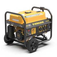 A yellow and black FIRMAN Power Equipment Gas Portable Generator 4450W Recoil Start 120V with CO alert on wheels, featuring multiple output sockets and control knobs.