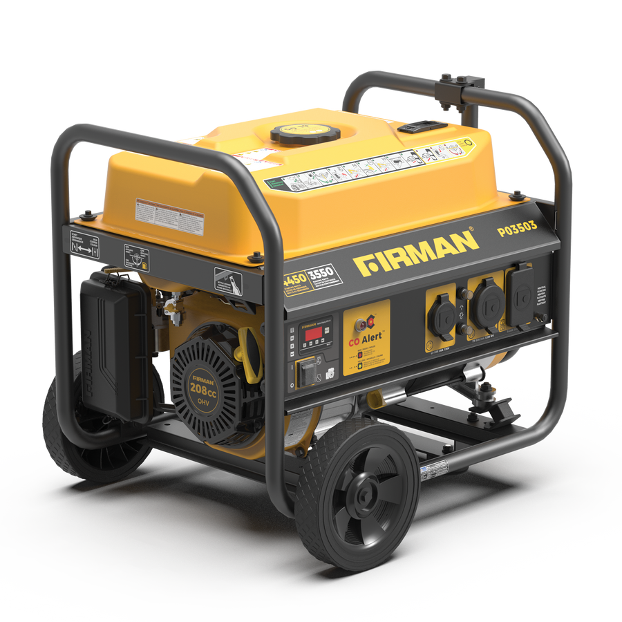 A yellow and black FIRMAN Power Equipment Gas Portable Generator 4450W Recoil Start 120V with CO alert on wheels, featuring multiple output sockets and control knobs.