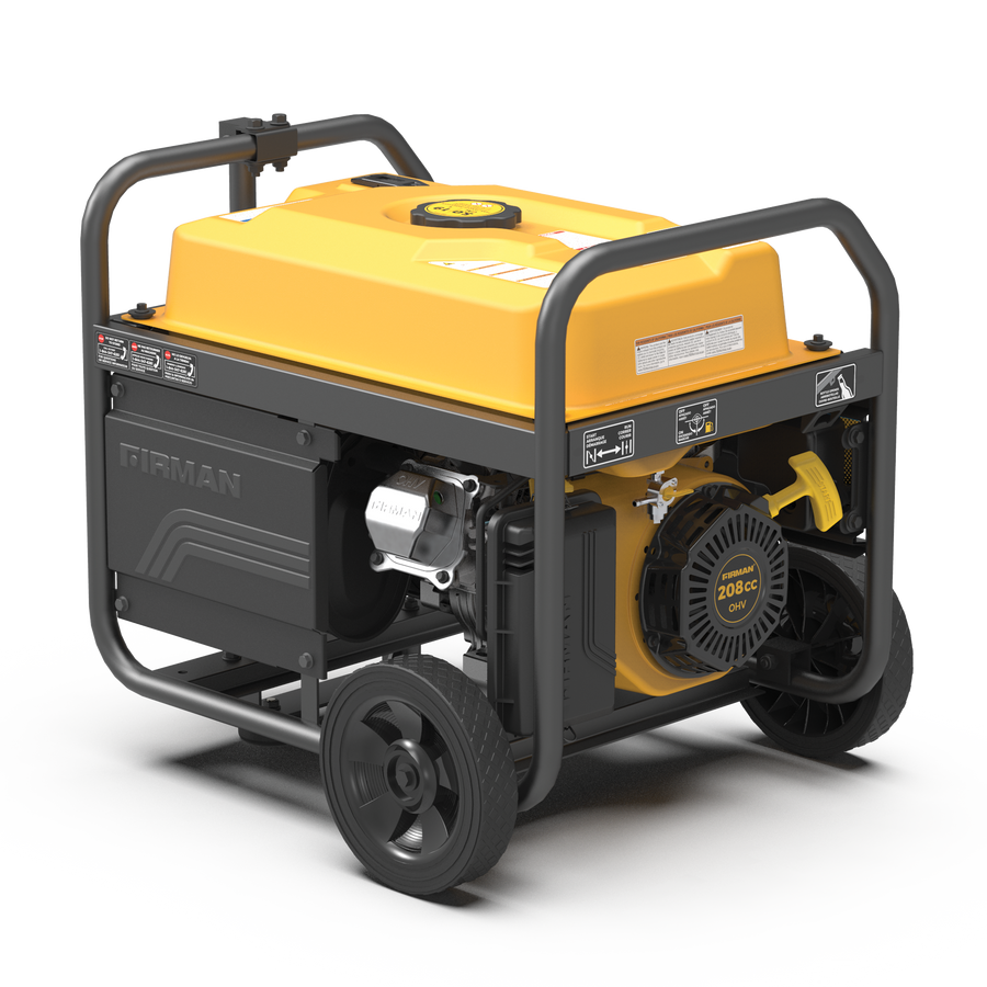 Portable FIRMAN Power Equipment 4450W gas-powered generator with a yellow and black housing on a wheeled frame, featuring a pull-start mechanism and control labels.