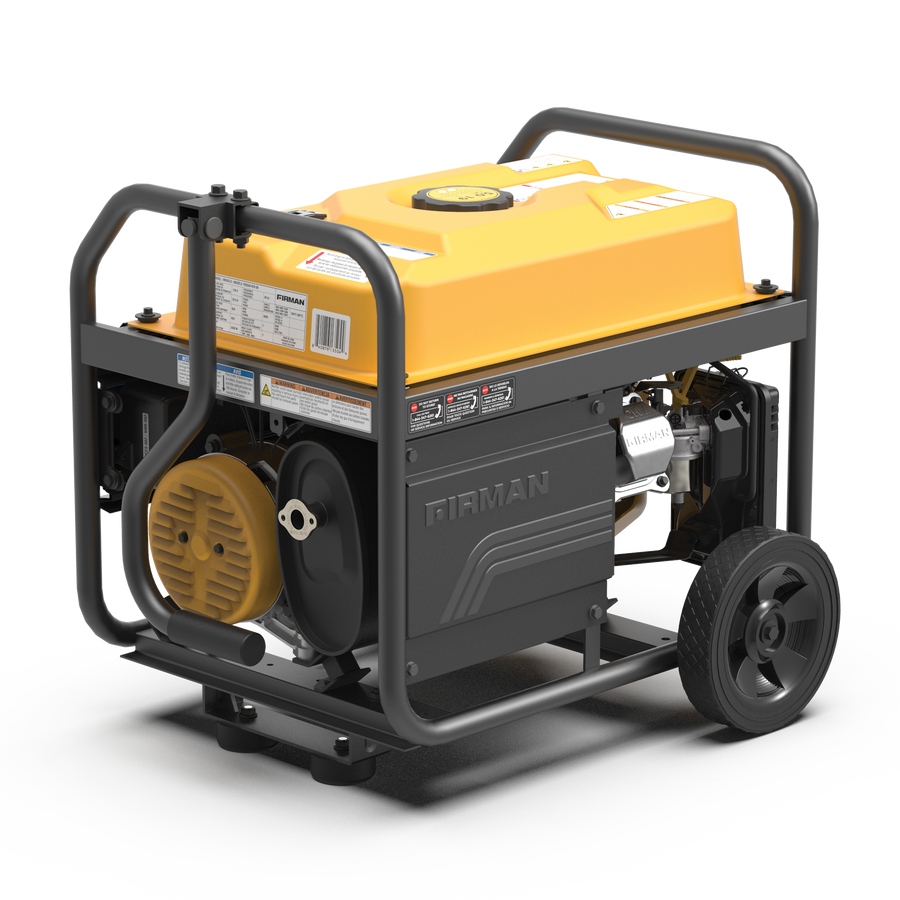 A portable FIRMAN Power Equipment Gas Portable Generator 4450W Recoil Start 120V with CO alert on wheels, featuring a yellow and black color scheme, with visible engine and control panel.