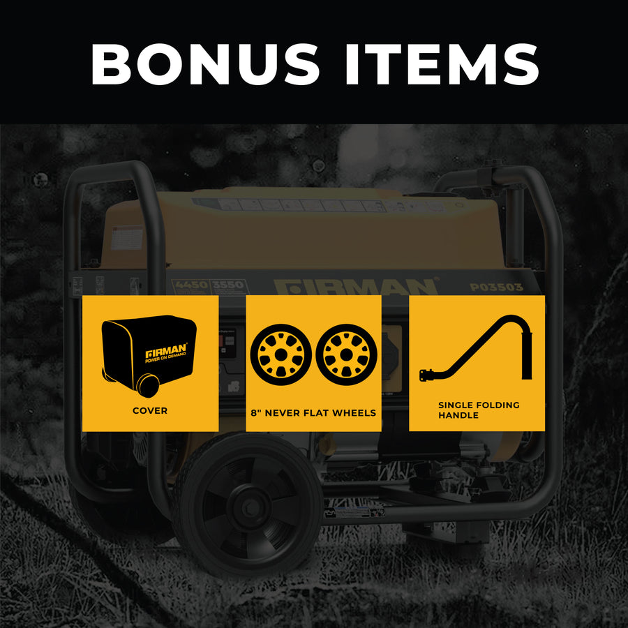 Gas Portable Generator 4450W Recoil Start 120V with CO alert, FIRMAN Power Equipment, California Emission Certified, with labeled bonus items including a cover, wheels, and a folding handle, displayed against a grayscale background.