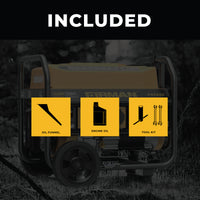 FIRMAN Power Equipment Gas Portable Generator 4450W Recoil Start 120V with CO alert with accessories including an oil funnel, engine oil, and tool kit displayed in front, with the word "included" at the top.