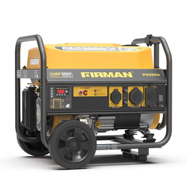 A FIRMAN Power Equipment Gas Portable Generator 4450W Recoil Start 120V with CO alert on wheels, featuring a control panel with multiple outlets and California Emission Certified, displayed on a white background.