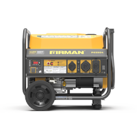 California Emission Certified yellow and black FIRMAN Power Equipment Gas Portable Generator 4450W Recoil Start 120V with CO alert on a white background showing control panel and wheels.