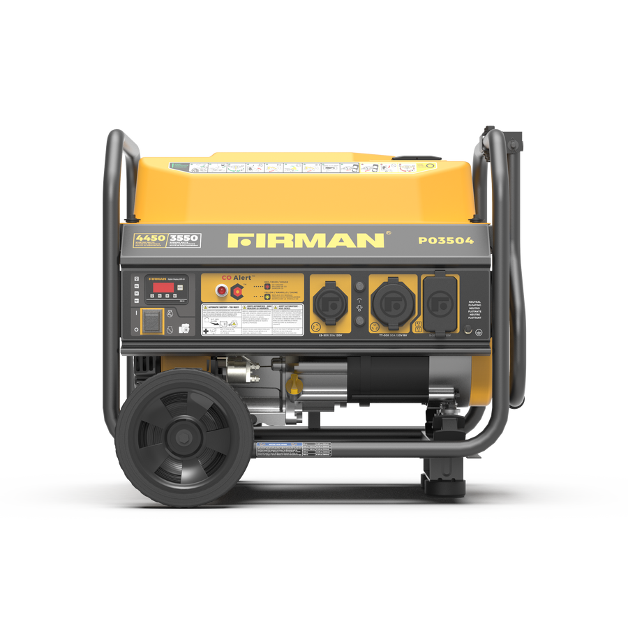 California Emission Certified yellow and black FIRMAN Power Equipment Gas Portable Generator 4450W Recoil Start 120V with CO alert on a white background showing control panel and wheels.