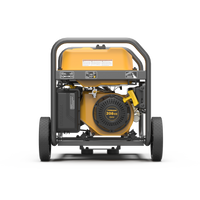 FIRMAN Power Equipment Gas Portable Generator 4450W Recoil Start 120V with CO alert on a wheeled frame with visible engine and control panel, California Emission Certified, isolated on a white background.