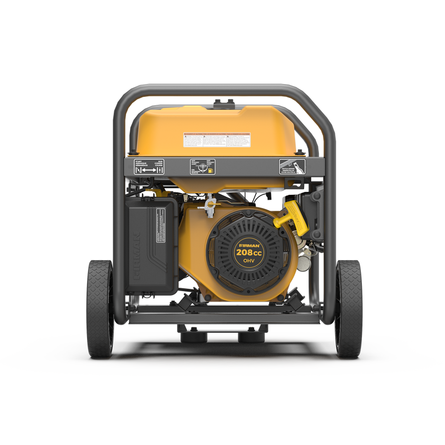 FIRMAN Power Equipment Gas Portable Generator 4450W Recoil Start 120V with CO alert on a wheeled frame with visible engine and control panel, California Emission Certified, isolated on a white background.
