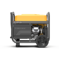 Portable FIRMAN Power Equipment Gas Portable Generator 4450W Recoil Start 120V with CO alert on wheels, viewed from the side, featuring a yellow top and a visible engine encased in a grey frame.