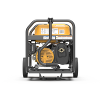 Portable gasoline generator on wheels, viewed from the rear showing engine components and fuel tank, certified as California Emission Certified, isolated on a white background. Gas Portable Generator 4450W Recoil Start 120V with CO alert by FIRMAN Power Equipment.
