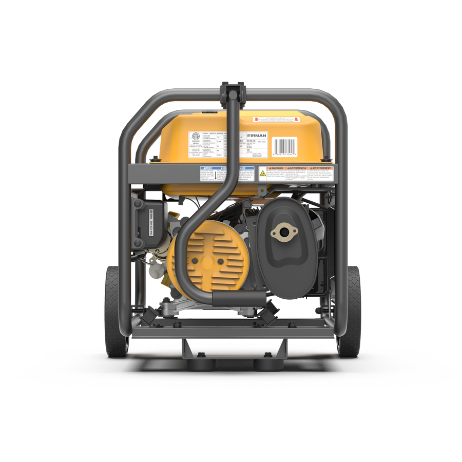 Portable gasoline generator on wheels, viewed from the rear showing engine components and fuel tank, certified as California Emission Certified, isolated on a white background. Gas Portable Generator 4450W Recoil Start 120V with CO alert by FIRMAN Power Equipment.