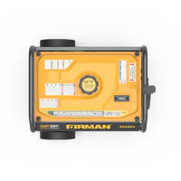 Top view of a yellow FIRMAN Power Equipment P03504 Gas Portable Generator 4450W Recoil Start 120V with CO alert, California Emission Certified, with control panel details, isolated on a white background.
