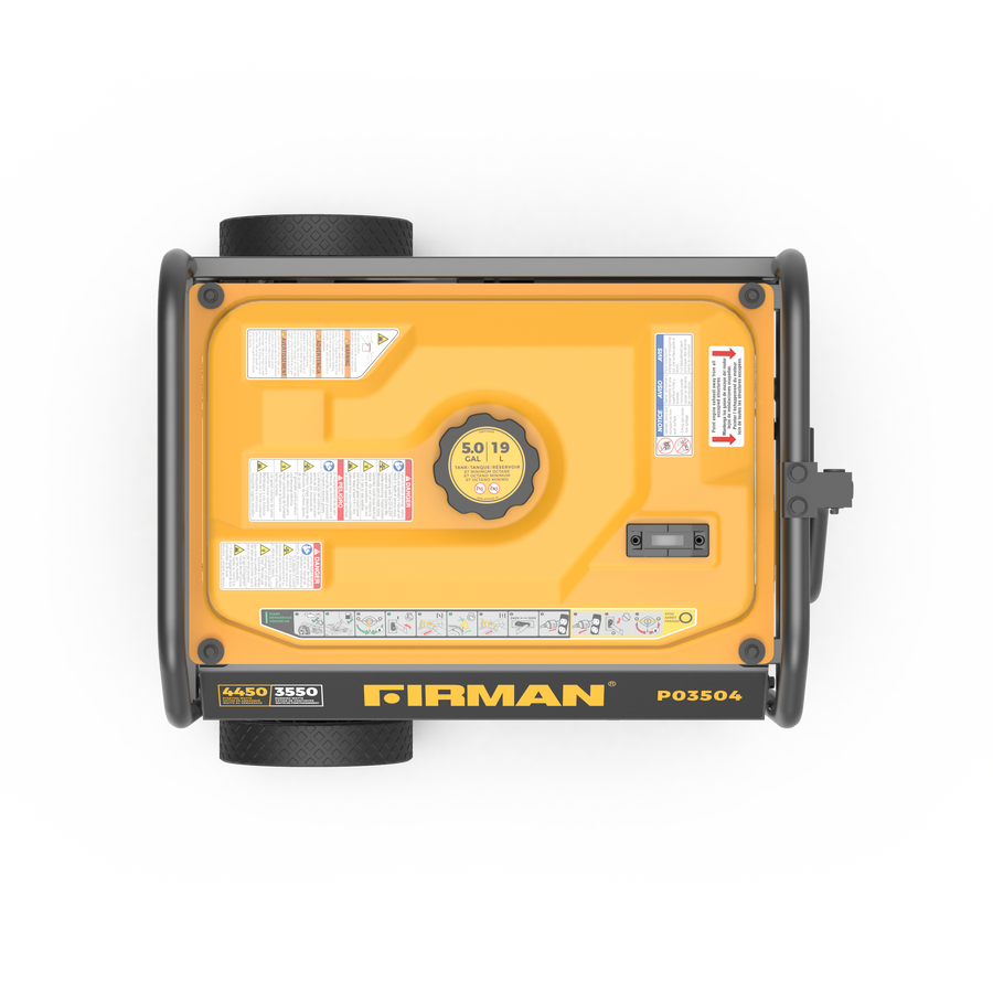 Top view of a yellow FIRMAN Power Equipment P03504 Gas Portable Generator 4450W Recoil Start 120V with CO alert, California Emission Certified, with control panel details, isolated on a white background.