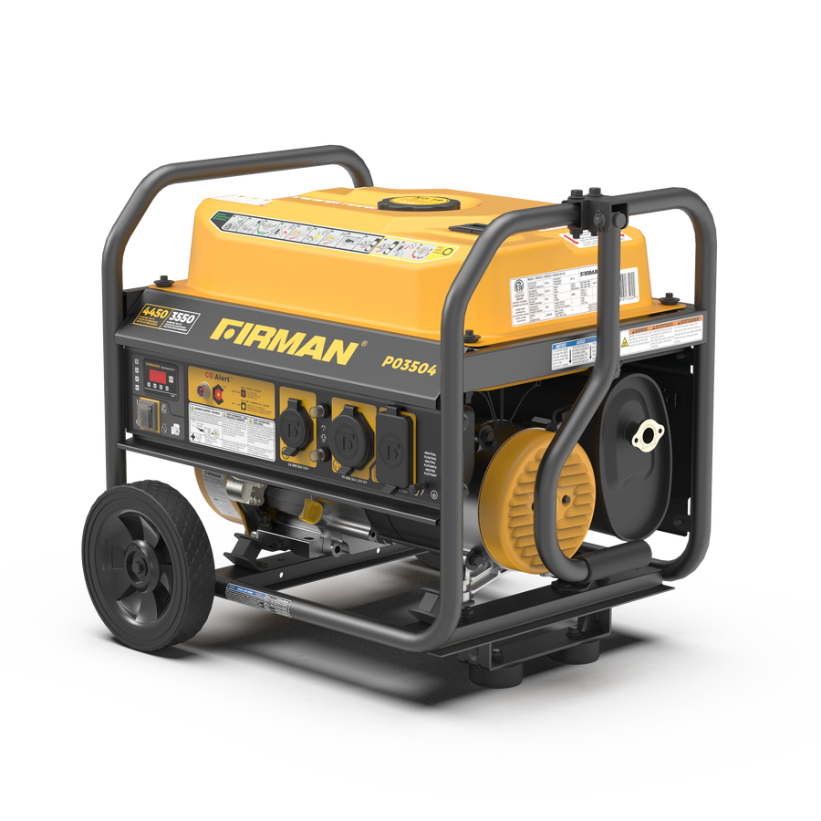A FIRMAN Power Equipment Gas Portable Generator 4450W Recoil Start 120V with CO alert on wheels, featuring a yellow and black casing, with multiple outlets and control dials.