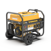 A FIRMAN Power Equipment Gas Portable Generator 4450W Recoil Start 120V with CO alert on wheels, featuring a yellow and black color scheme, with visible control panel and engine details, California Emission Certified.