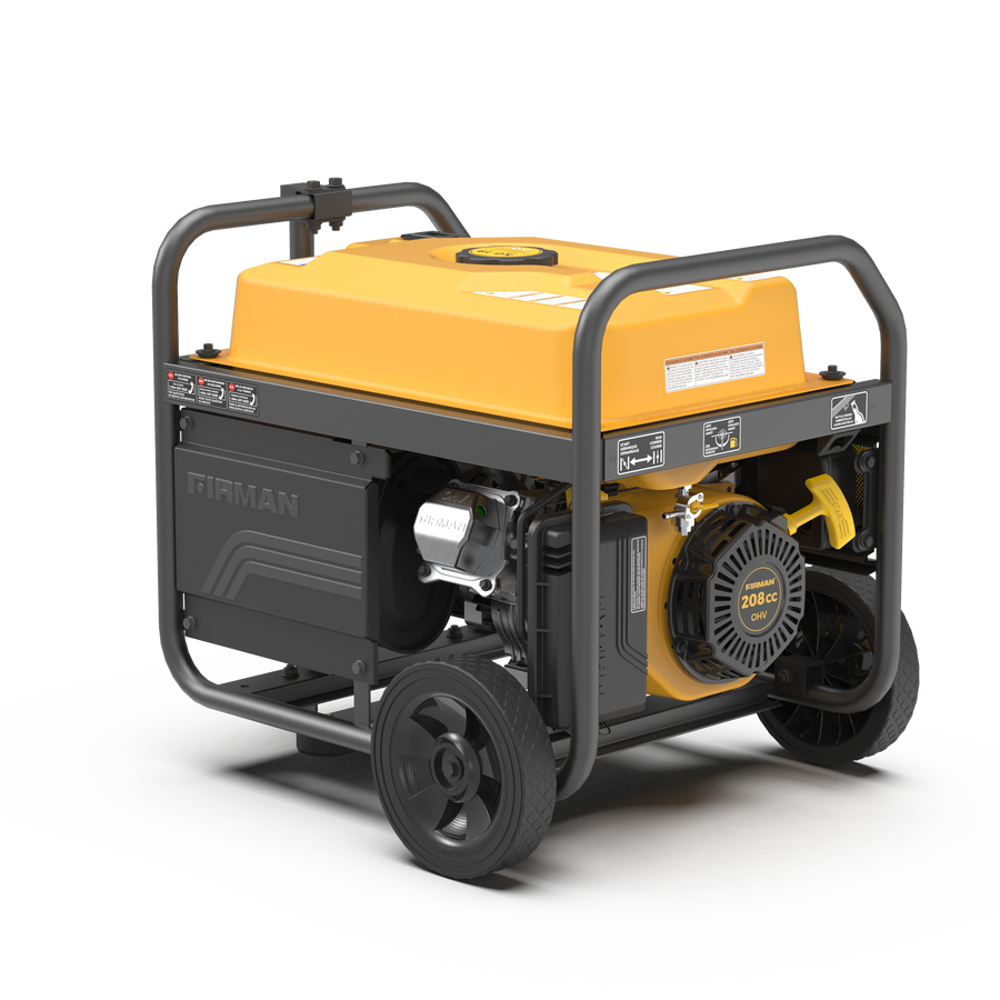 Portable FIRMAN Power Equipment gas generator on wheels, featuring a sturdy metal frame, yellow and black color scheme, and visible control panel. It is California Emission Certified.