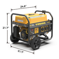 Portable gas-powered generator on wheels, yellow and black, California Emission Certified, with dimensions labeled, featuring various outlets and control knobs.
Gas Portable Generator 4450W Recoil Start 120V with CO alert by FIRMAN Power Equipment.