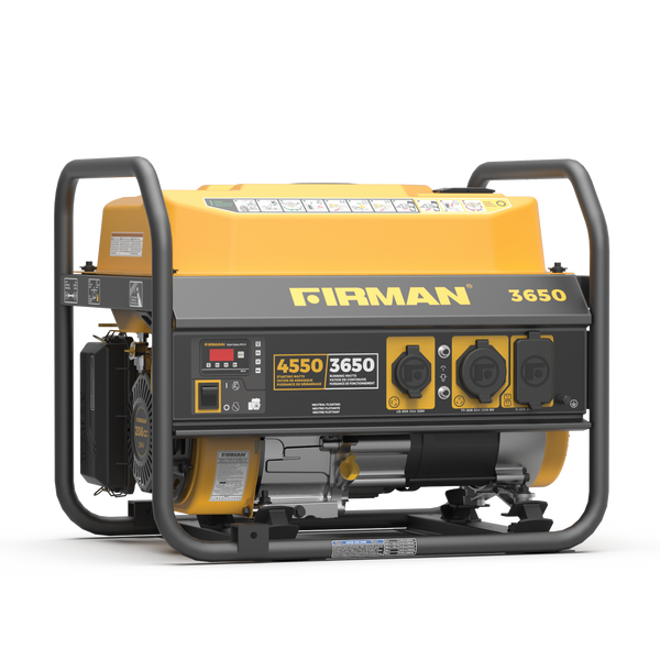 A FIRMAN Power Equipment Gas Portable Generator 4550W Recoil Start 120V with a yellow and black casing, designed for camping, featuring various outlets and control knobs on the front panel.