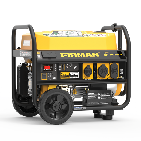 A yellow and black 4550/3650 Watt Remote Start Gas Portable Generator cETL Certified With Wheel Kit by FIRMAN Power Equipment, perfect for camping trips, featuring multiple outlets, a control panel, and wheels for effortless mobility. Ideal for backup power needs.
