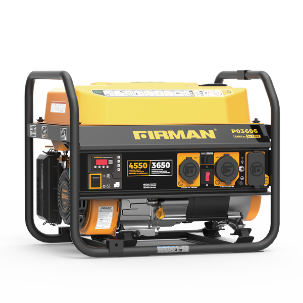 Yellow and black FIRMAN Gas Portable Generator 4550W Recoil Start 120/240V on a white background.