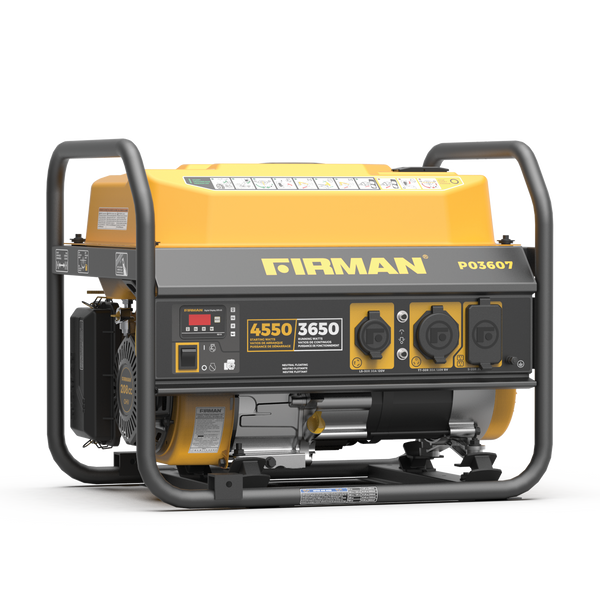 Yellow and black FIRMAN Power Equipment Gas Portable Generator 4550W Recoil Start on a white background, displaying control panel and various outlets, ideal for camping and backup power.