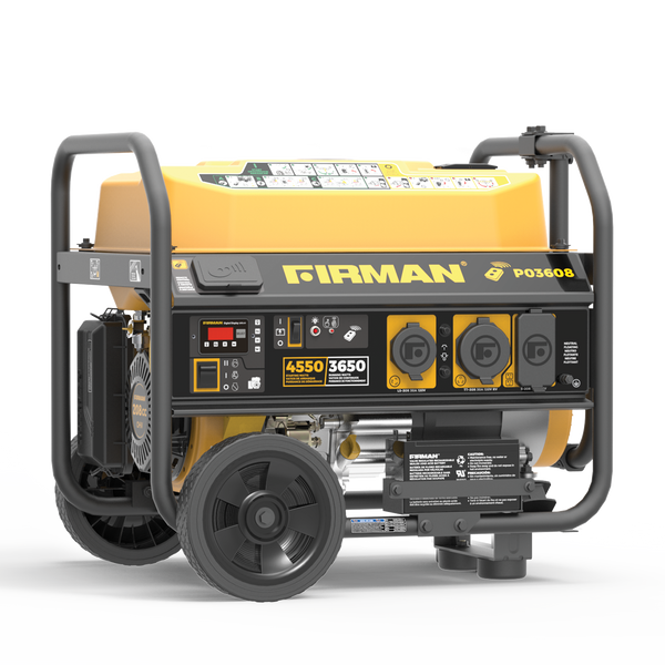 Yellow and black FIRMAN Gas Portable Generator 4550W Remote Start 120V on wheels, featuring a control panel with multiple outlets and dials.