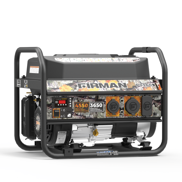 A FIRMAN Power Equipment gas portable generator 4550W recoil start 120V, with control panel visible, featuring a multicolored graphic wrap, ideal for camping.