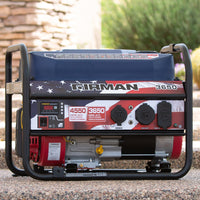 A FIRMAN Power Equipment gas portable generator 4550W with recoil start and 120V displayed outdoors, perfect for camping trips and featuring model information and power output details on its casing.