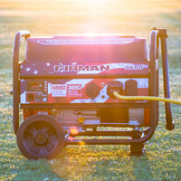 Portable generator on grass with sunlight highlighting the FIRMAN Power Equipment Gas Portable Generator 4550W Recoil Start 120V front panel and tires, ideal for camping trips, demonstrating a power output rating of 4550 starting watts and 3650 running watts.