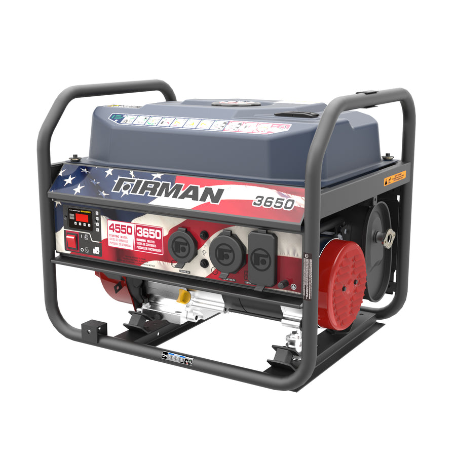 Portable FIRMAN Power Equipment generator designed for camping trips, with a patriotic American flag design, model number 4550W Recoil Start 120V, on a white background.