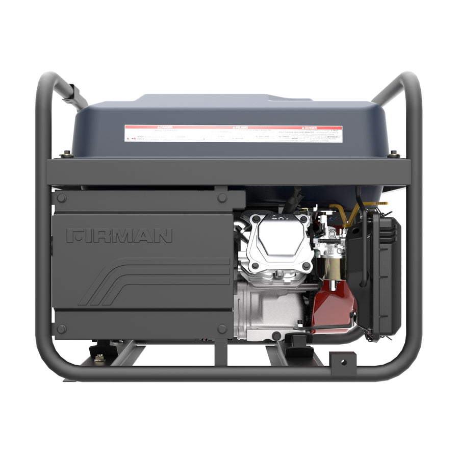 Side view of a FIRMAN Power Equipment Gas Portable Generator 4550W Recoil Start 120V showing its internal engine and components, enclosed in a gray metal frame.