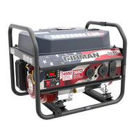 A FIRMAN Power Equipment gas portable generator, model 4550W Recoil Start 120V, ideal for camping trips and backup power, with a red, white, and blue design, featuring multiple outlets and control knobs.