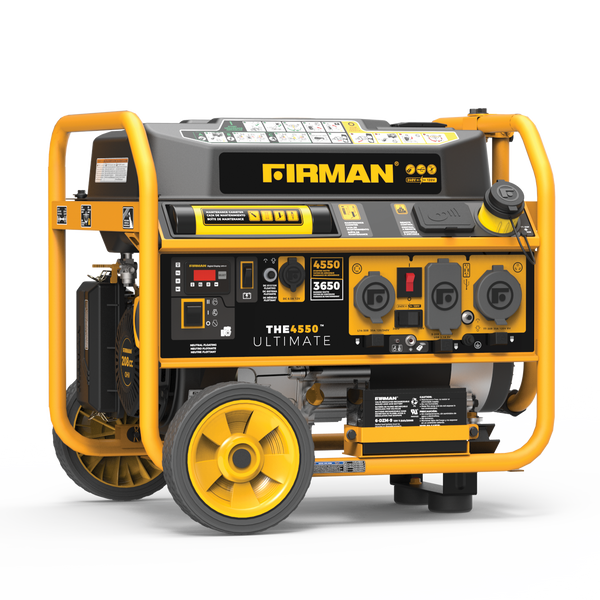A yellow and black FIRMAN Power Equipment Gas Portable Generator 4550W Remote Start 120/240V with multiple outlets, control buttons on its front panel, and a convenient remote start feature.