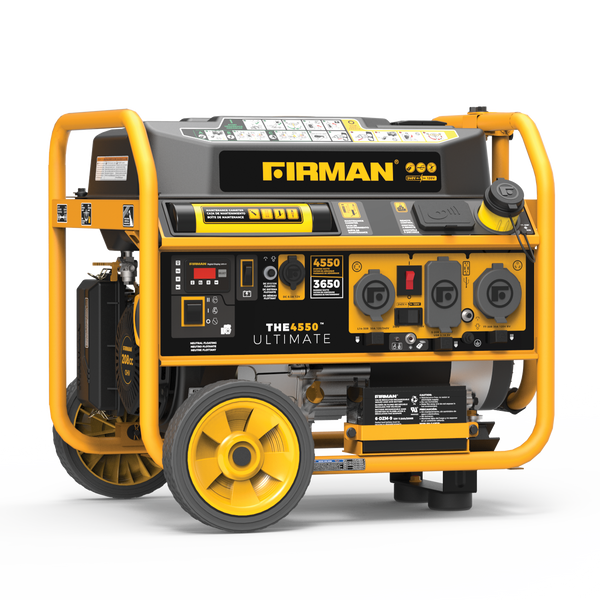 A yellow and black FIRMAN Power Equipment Gas Portable Generator 4550W Remote Start 120/240V on wheels with various control knobs and electrical outlets displayed.