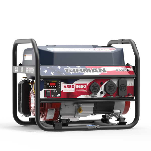 A FIRMAN Power Equipment Gas Portable Generator 4550W Recoil Start 120V with a red, white, and blue design, featuring various power output sockets and control buttons.