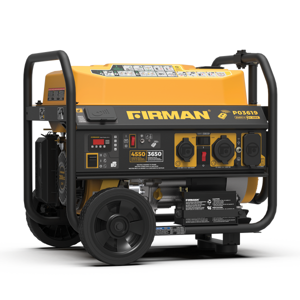 A FIRMAN Power Equipment gas portable generator 4550W remote start 120/240V with a bright yellow casing, equipped with various outlets and dials, ideal for camping, displayed on a striped background.