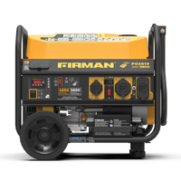 Portable FIRMAN Power Equipment Gas Portable Generator 4550W Remote Start 120/240V, ideal for camping and backup power, with a yellow and black casing, featuring a control panel, outlets, and mounted on a wheel kit