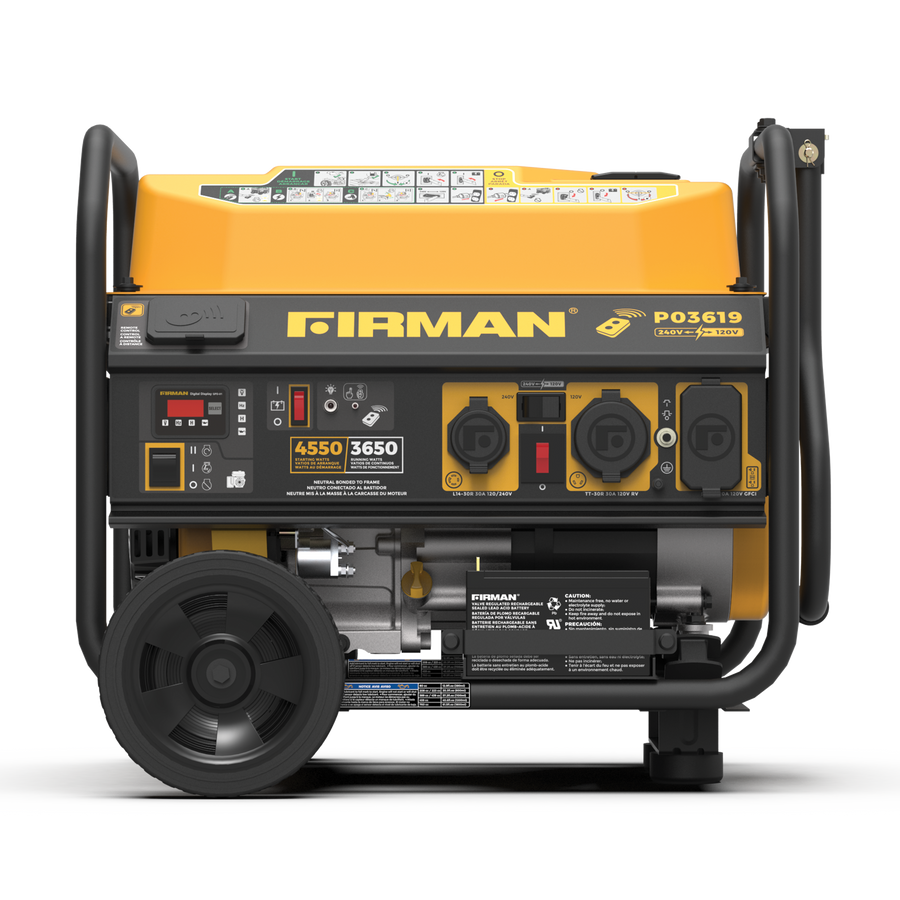 Portable FIRMAN Power Equipment Gas Portable Generator 4550W Remote Start 120/240V, ideal for camping and backup power, with a yellow and black casing, featuring a control panel, outlets, and mounted on a wheel kit