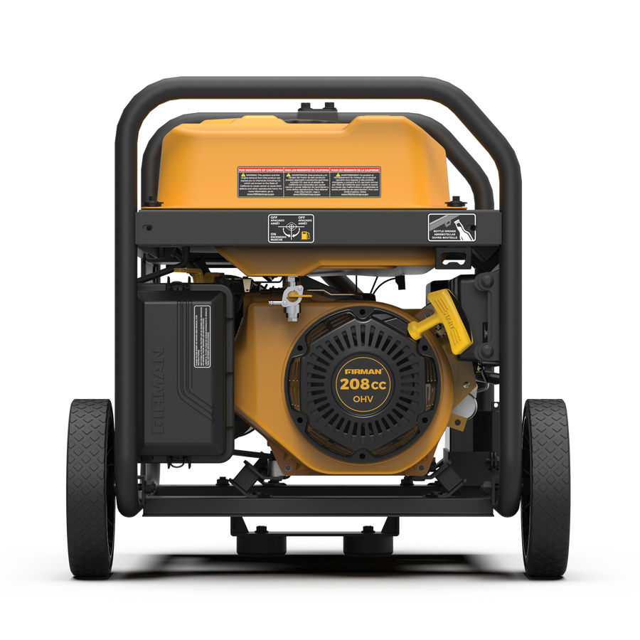 A FIRMAN Power Equipment portable gas generator on wheels with a prominent yellow casing and large black air-cooled engine visible, ideal for camping and backup power.