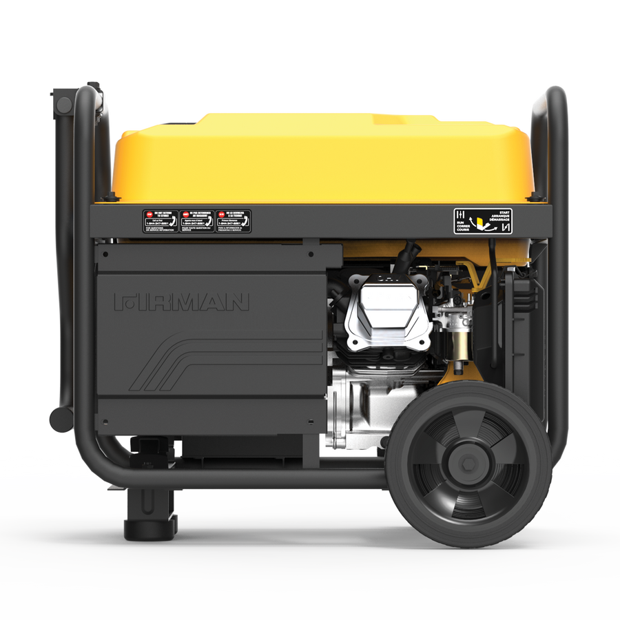 Portable industrial generator on wheels with a yellow cover and visible engine components, ideal for backup power, Gas Portable Generator 4550W Remote Start 120/240V by FIRMAN Power Equipment.
