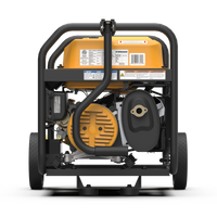 Rear view of a FIRMAN Power Equipment Gas Portable Generator 4550W Remote Start 120/240V on a black frame, designed for camping, showing a yellow engine, exhaust, and fuel tank with visible labels and warnings.