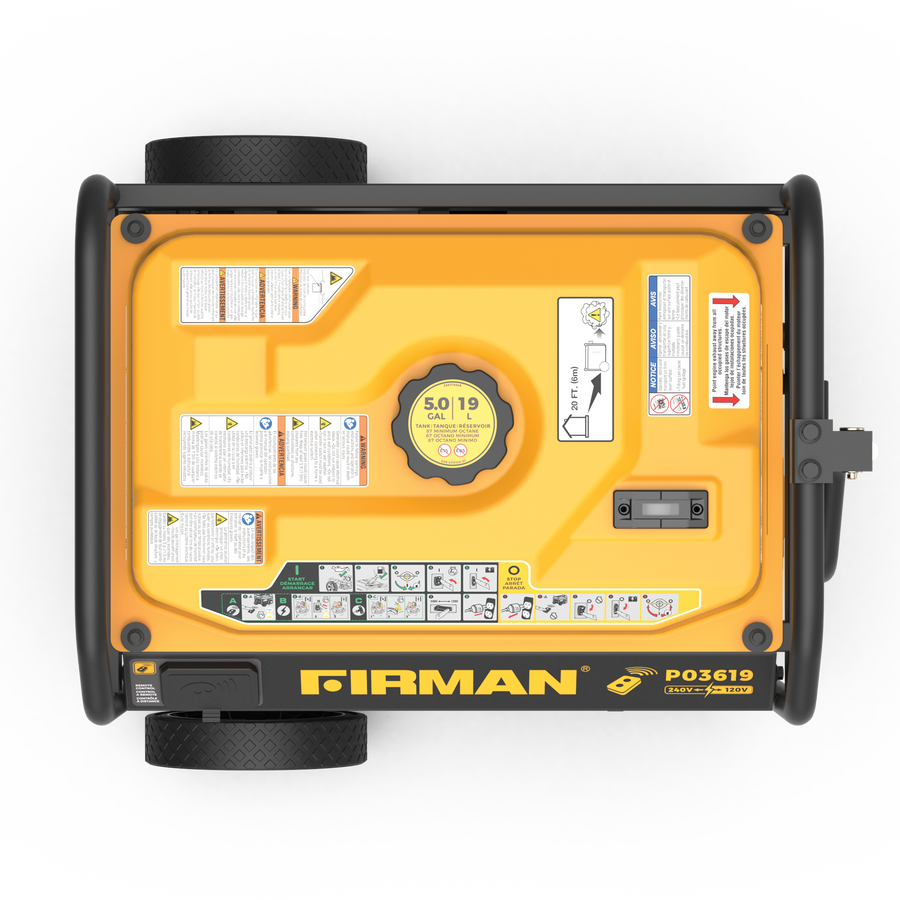 Top view of a FIRMAN Power Equipment Gas Portable Generator 4550W Remote Start 120/240V, showcasing control panel labels, outlets, and operational instructions for backup power.