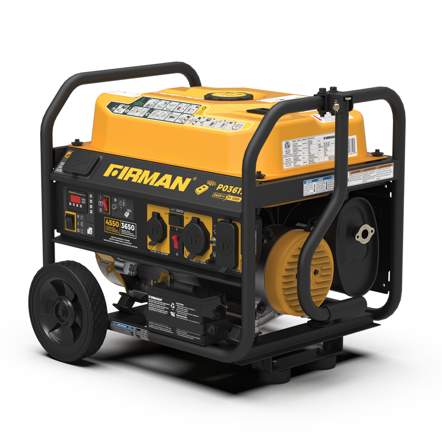 A FIRMAN Power Equipment Gas Portable Generator 4550W Remote Start 120/240V on wheels, ideal for backup power, featuring a yellow and black color scheme, with visible control panel and outlets.