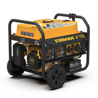 Portable yellow and black FIRMAN Gas Portable Generator 4550W Remote Start 120/240V with a 208cc engine on a metal frame with wheels and multiple power outlets.