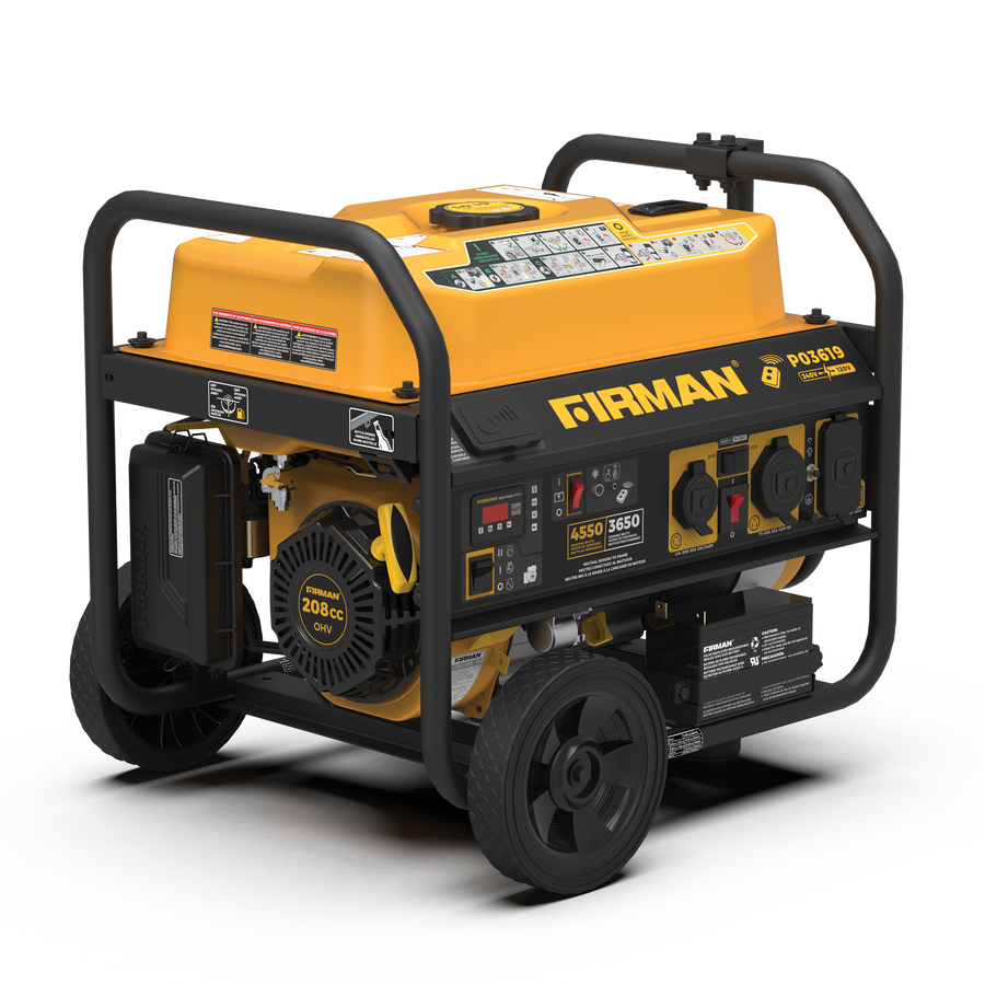 Portable yellow and black FIRMAN Gas Portable Generator 4550W Remote Start 120/240V with a 208cc engine on a metal frame with wheels and multiple power outlets.