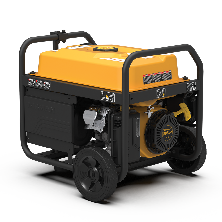 A yellow and black Firman Power Equipment Gas Portable Generator 4550W Remote Start 120/240V on wheels, featuring control panels and a prominent handle, ideal for backup power.