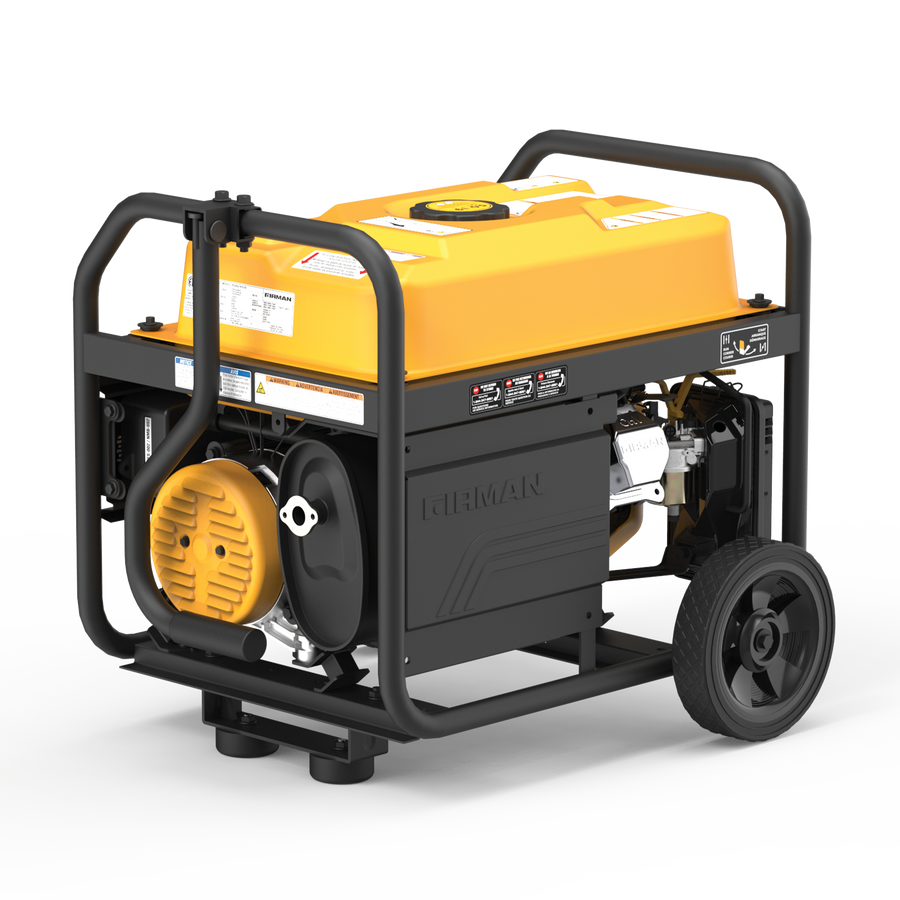 A FIRMAN Power Equipment gas portable generator 4550W remote start 120/240V on a metal frame with wheels, ideal for camping.